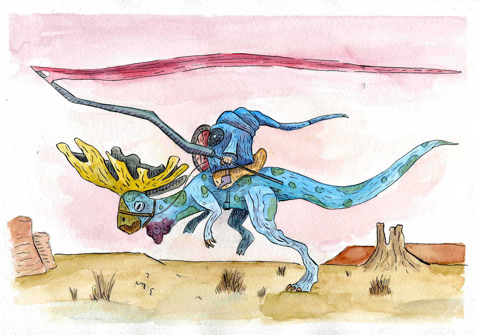 hooded figure riding on a fantasy dinosaur-like creature. Sworde and lance in hand. Desert landscape in the background.