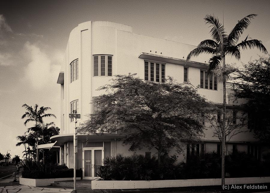 Art Deco building on 74th and Biscayne in Miami in monochrome