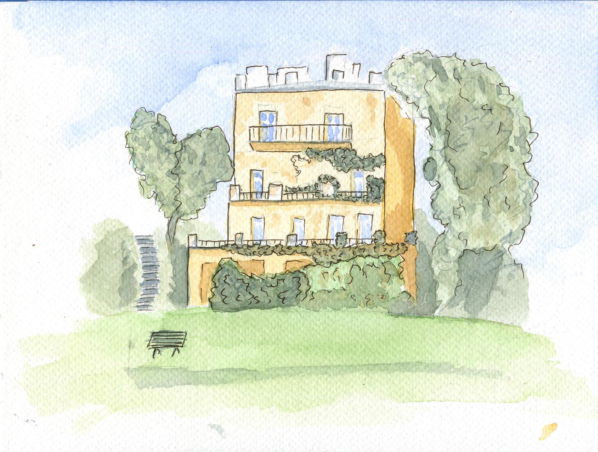 Watercolor painting of a small apartment block in a park.