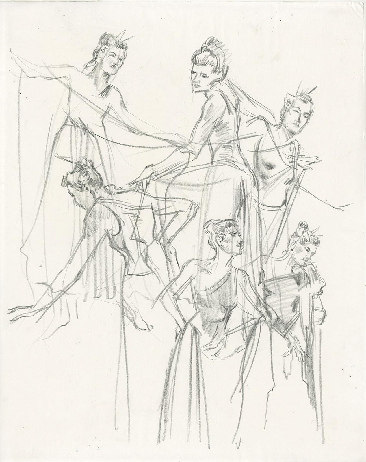 page of 3-5 minute sketches of costumed model doing dance-like poses
