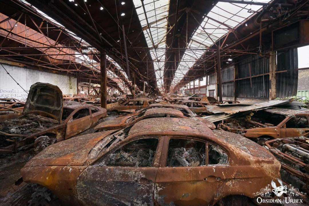 A desolate, fire-damaged car dealership. Rows of burnt, rusted cars fill the ruined warehouse under a partially collapsed roof