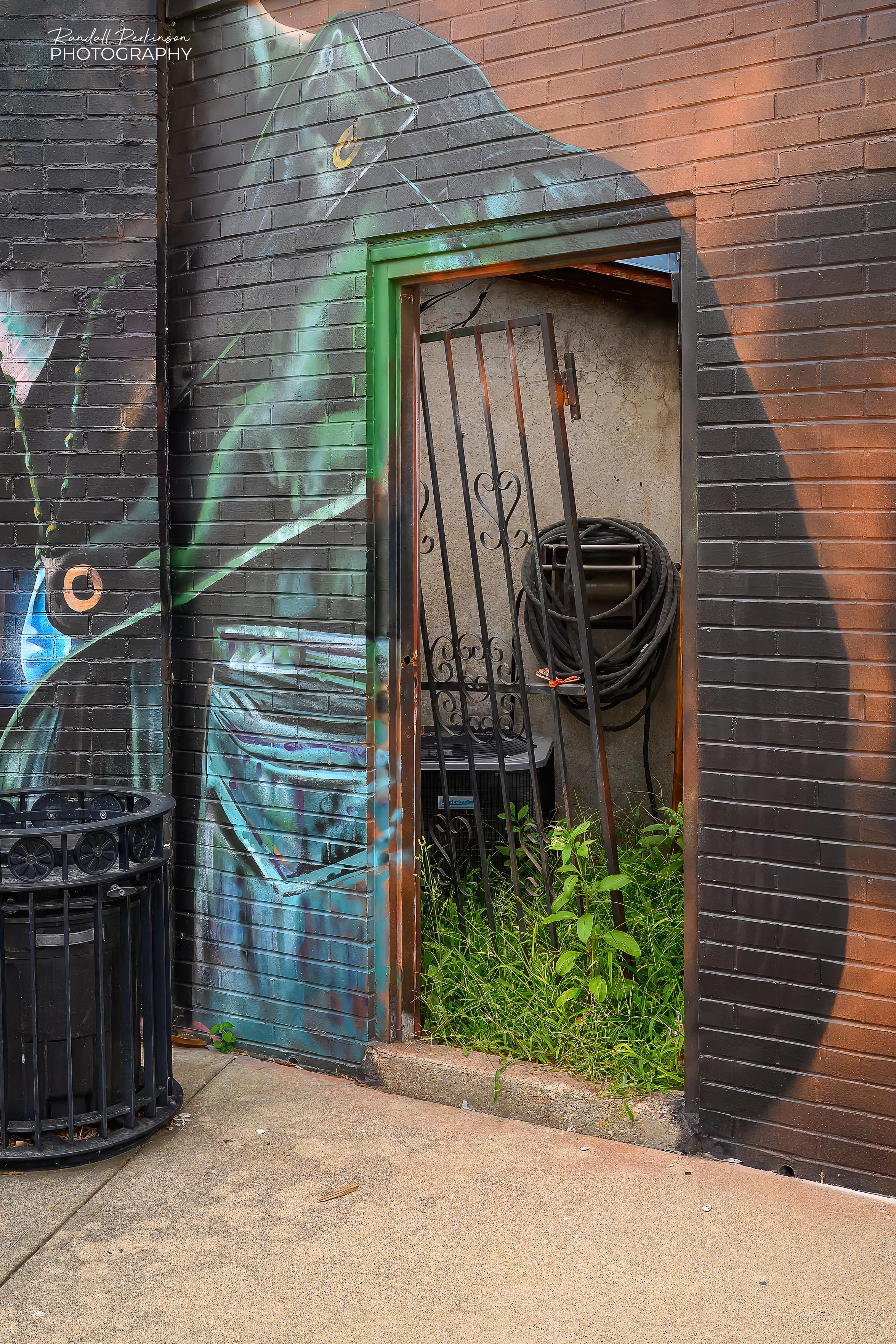 An entry into a building outdoor area has a gate that has been removed and is leaning up against the inside wall.  Through the entrance you can see an air conditioner and a hose.  The building is covered in a spray-painted mural of a person with the entrance covering the left arm area.