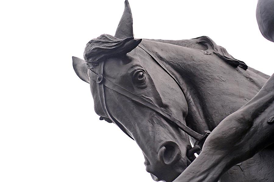 Detail of one horse's head from the quadriga on top of the Wellington Arch against a featureless pale grey sky. The full sculpture is Peace descending on the Quadriga of War by Adrian Jones, a bronze of the Goddess of Victory Nike.

Canon EOS 350D DIGITAL
ISO: 200
Shutter Speed: 1/250
Aperture: 5.6

Focal Length: 120.0 mm (35 mm equivalent: 194.7 mm)
Hyperfocal Distance: 138.83 m
Field Of View: 10.6 deg

GPS Position: 51 deg 30′ 9″ N, 0 deg 9′ 3″ W
Wellington Arch, Apsley Way, Westminster, London, UK

2005:09:18 13:19:00
© Matthew Malthouse 2005