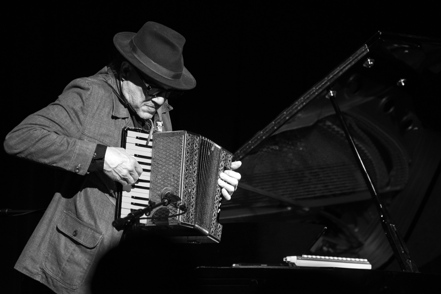If film noir played accordion, a black and white shot of Mark, eyes in shadow beneath his fedora, hunched over his Hohner squeezebox.