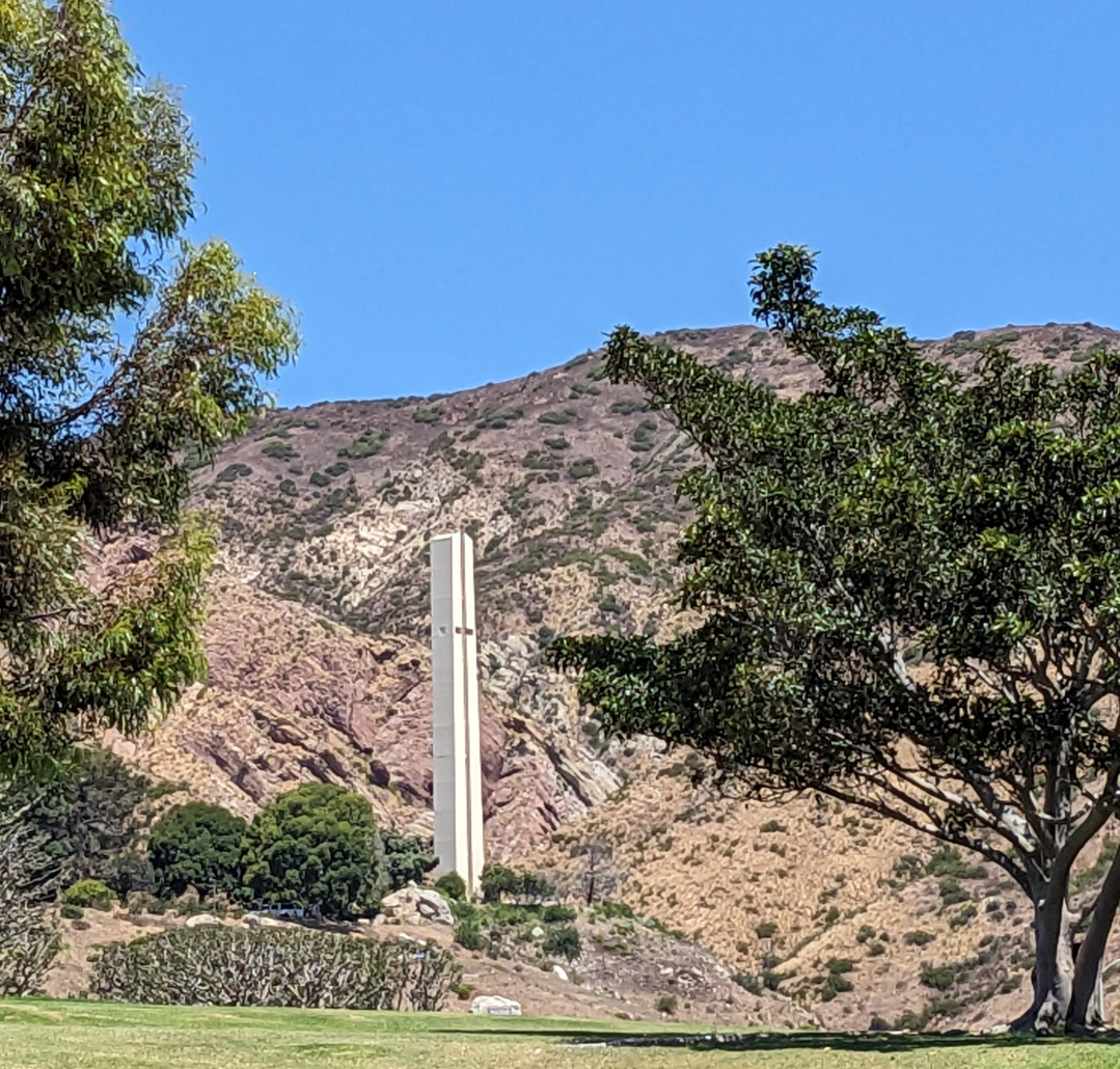 Pepperdine 's chapel tower through the trees
