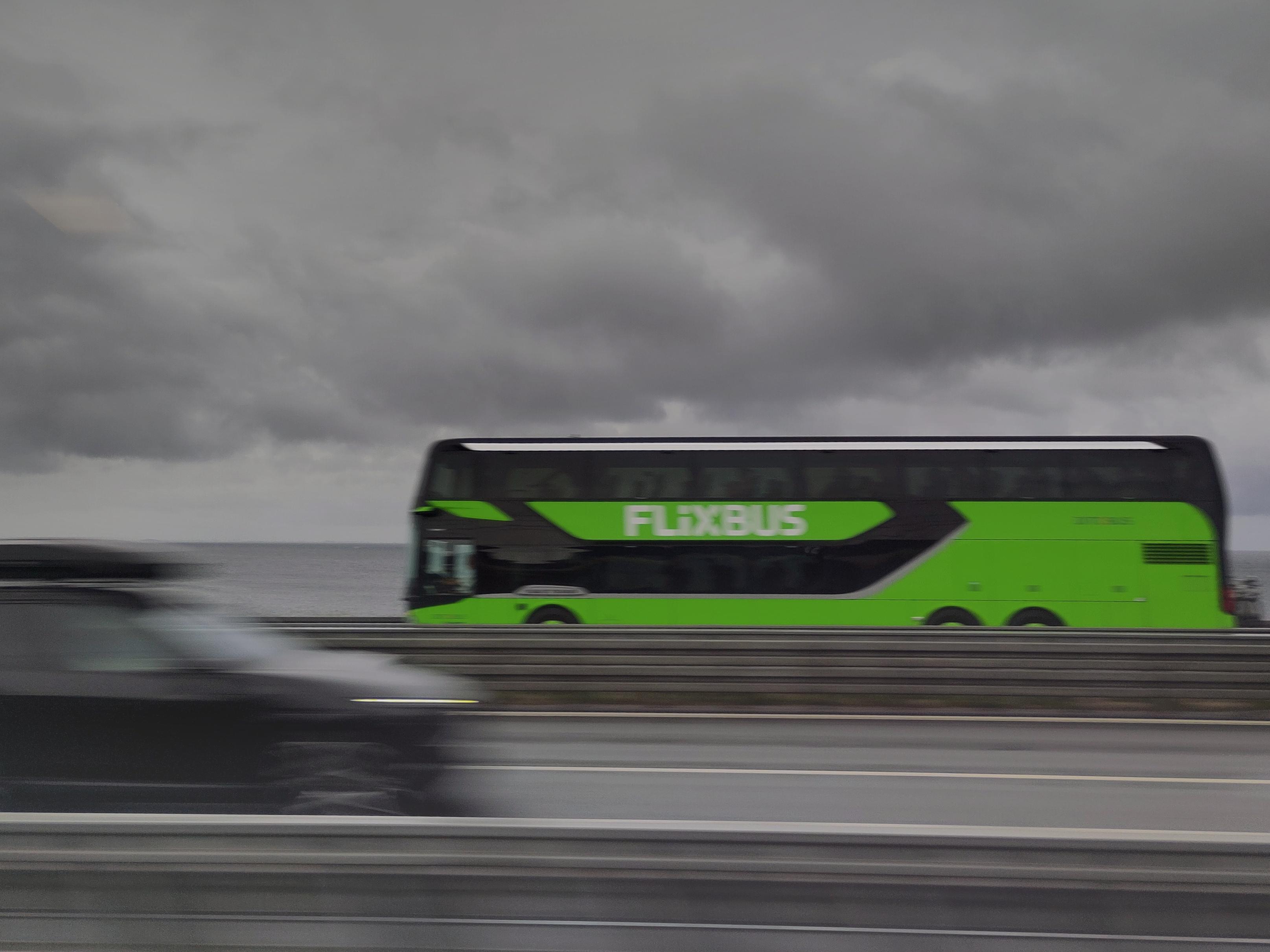 A green and black double-decker coach bearing the "FLIXBUS" logo travels along a highway, captured in a panning shot so the bus is fairly sharp while the road, guardrails and foreground blur horizontally with motion. A dark vehicle is blurred in the lower left foreground. Behind the bus lies a flat expanse of water or open ground, under a heavy grey, overcast sky. The overall palette is muted grey with the bright green bus standing out.