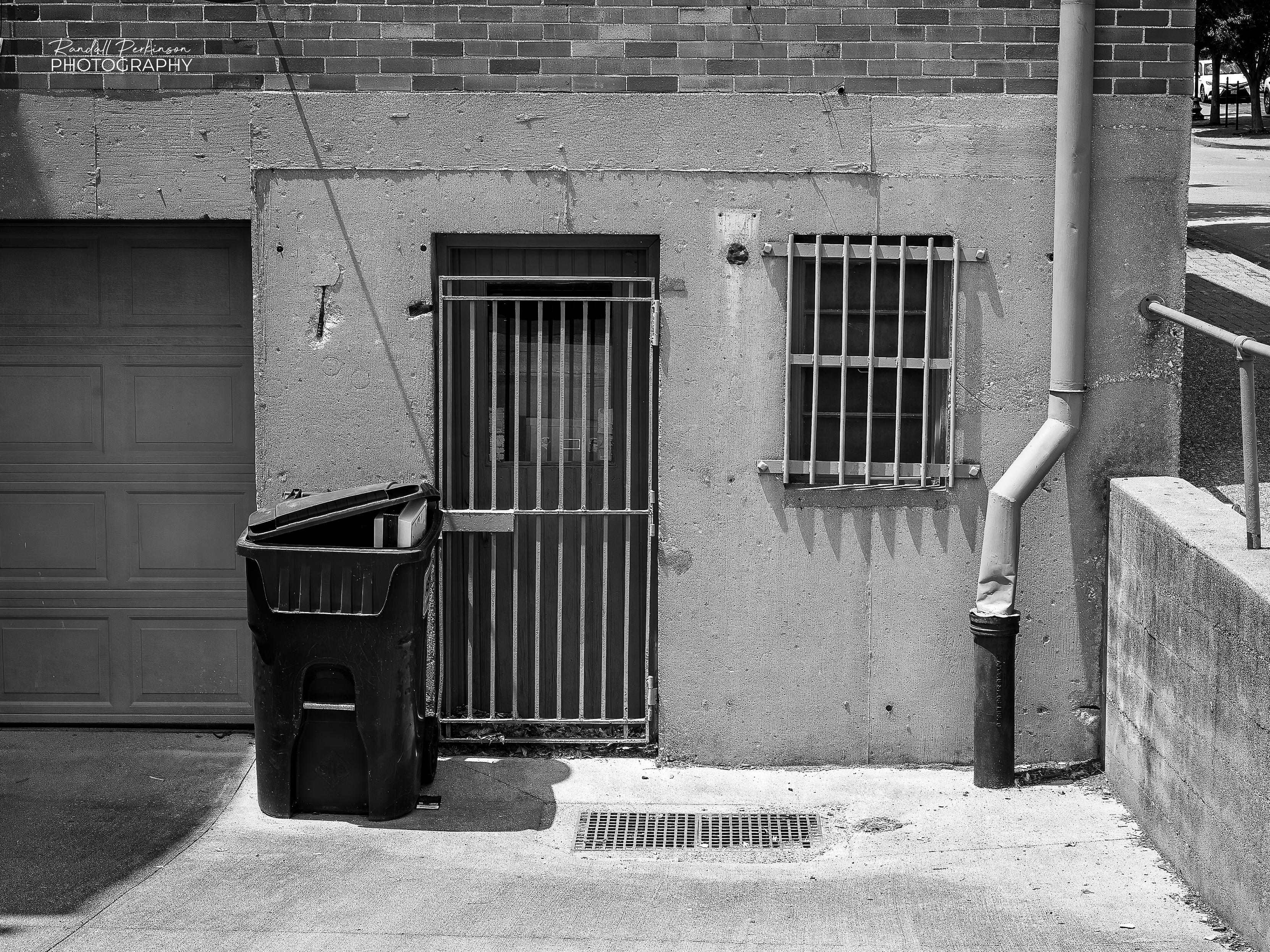 A basement entrance door and window at the back of a brick building have bars over them.  A trash can sits on the drive next to the door.