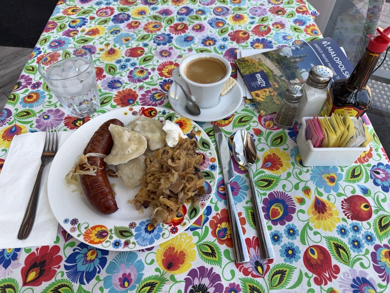 sausage, pierogies, hunters stew
