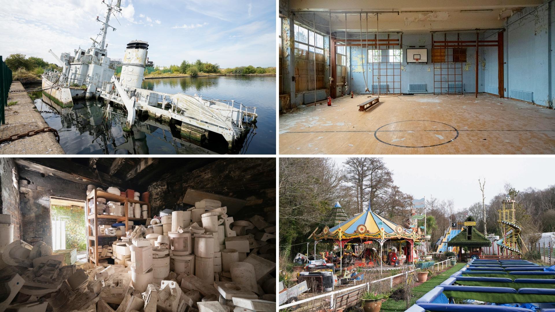 A collage showing an abandoned ship, an empty gymnasium, shelves of ceramic molds in a cluttered room, a deserted amusement park carousel