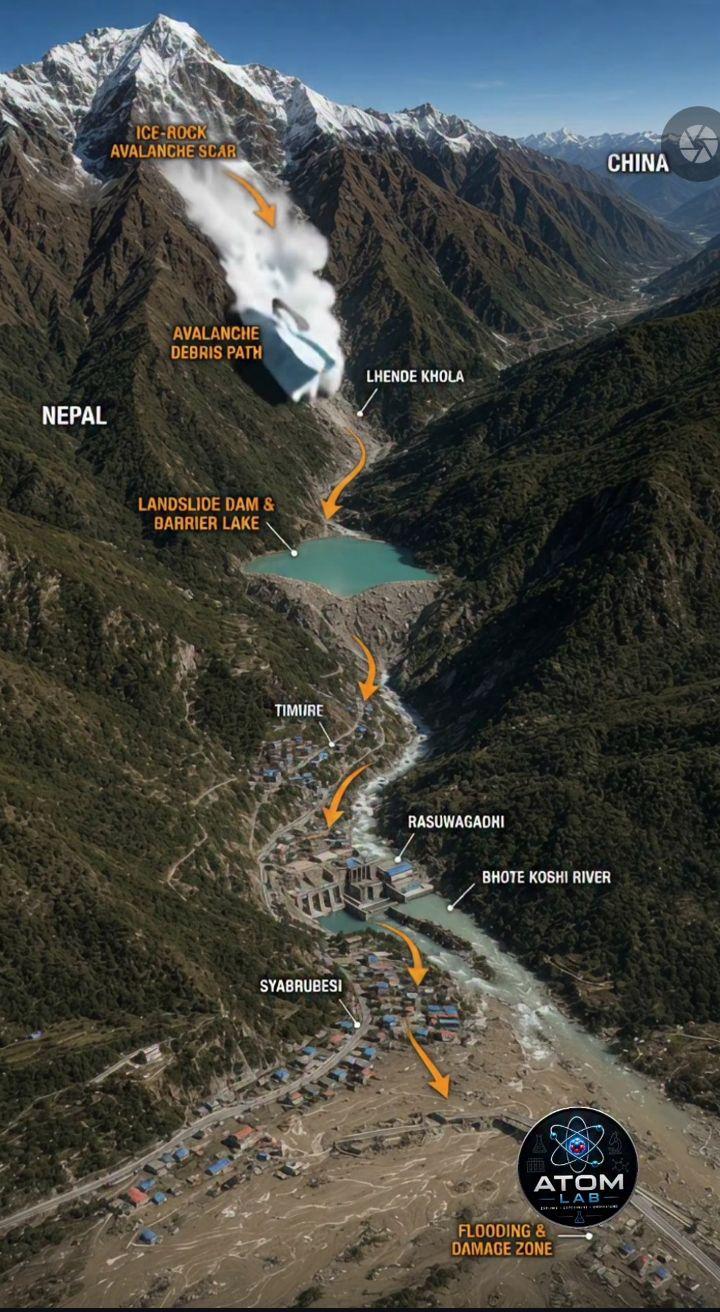 path of the giant flash flood at the Nepal Tibet border. It's started as an ice rock avalanche scar, moving into landslide lake and barrier dam. The ice and rocks pushed the water out of the lake and down to where the videos online show it destroying everything in it's path.