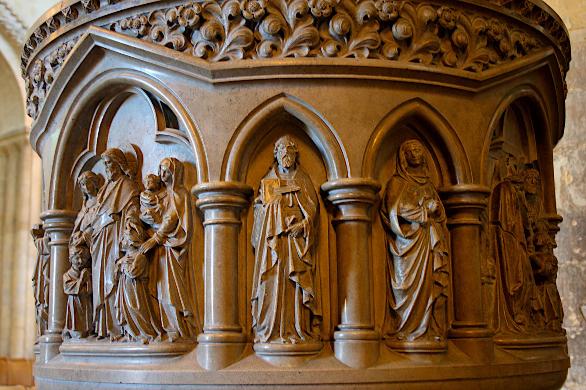 By Thomas Earp of Lambeth (1828–93). G H Palmer describes it as being round in form, supported by a central column, of quatrefoil section, and four shafts placed corner-wise, rising from a double plinth in the shape of a cross. Round the bowl are four groups in relief, facing the cardinal points, with eight single figures inserted in pairs between them.'

Canon EOS 400D DIGITAL
ISO: 200
Shutter Speed: 1/5
Aperture: 4.0

Lens: 18.0 - 55.0 mm
Focal Length: 28.0 mm (35 mm equivalent: 45.3 mm)
Hyperfocal Distance: 10.56 m
Depth Of Field: 0.22 m (0.99 - 1.22 m)
Field Of View: 43.3 deg

GPS Position: 51 deg 23' 20.9" N, 0 deg 30' 10.4" E
Rochester Cathedral, Rochester, Kent, UK.

2011:04:09 10:25:59
Copyright: © Matthew Malthouse 2011