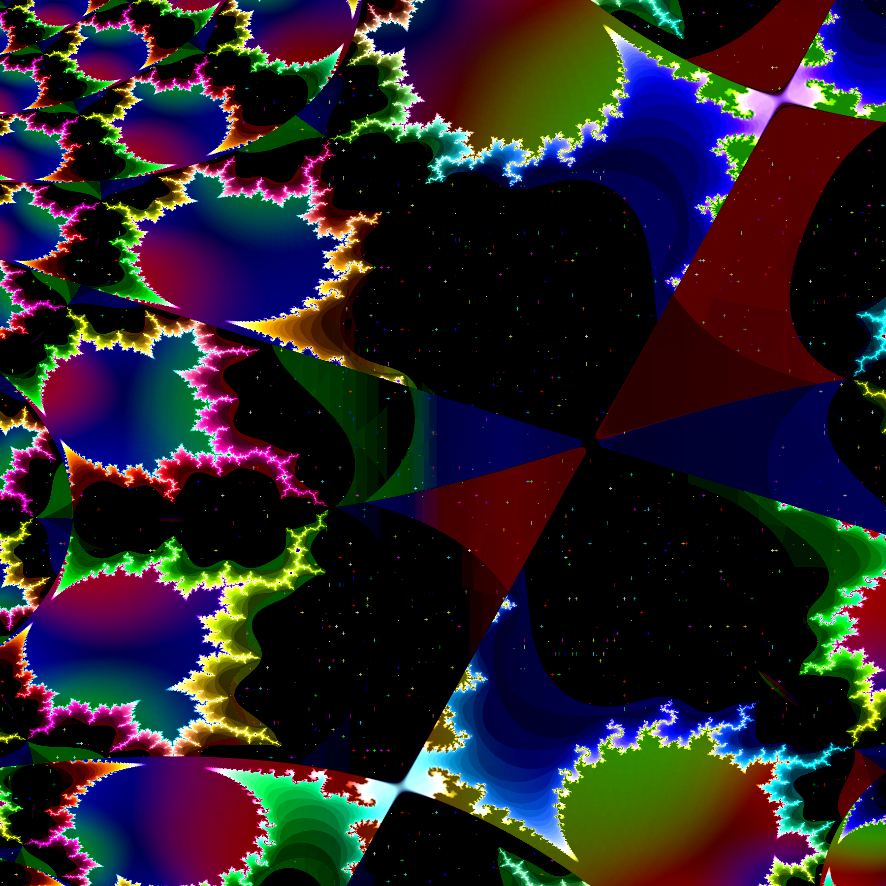 Multicolored Mandelbrot bulbs with electric spirals radiating out from each one, against a black background with ASCII/ANSI stars