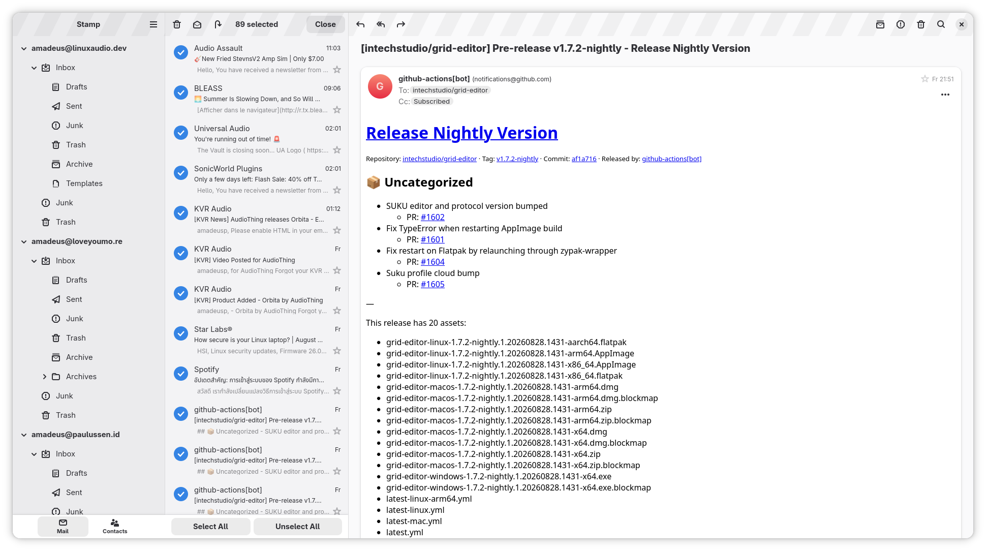 Stamp UI with three email accounts configured and a bunch of messages selected for deletion.