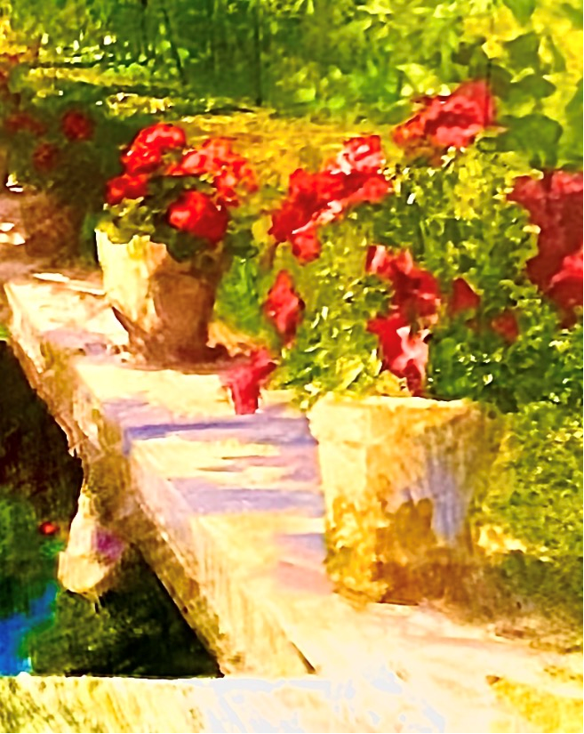 Color image of a detail from an oil painting. Image shows brightly colored yellow  planters along a garden pond, colorful red blooms on long green stems, the whole of the painting a riot of colors and light.