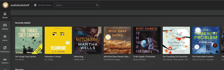 A screenshot of my library of audio books in AudioBookshelf. The webpage has images of each cover, with information on titles, authors, etc. 