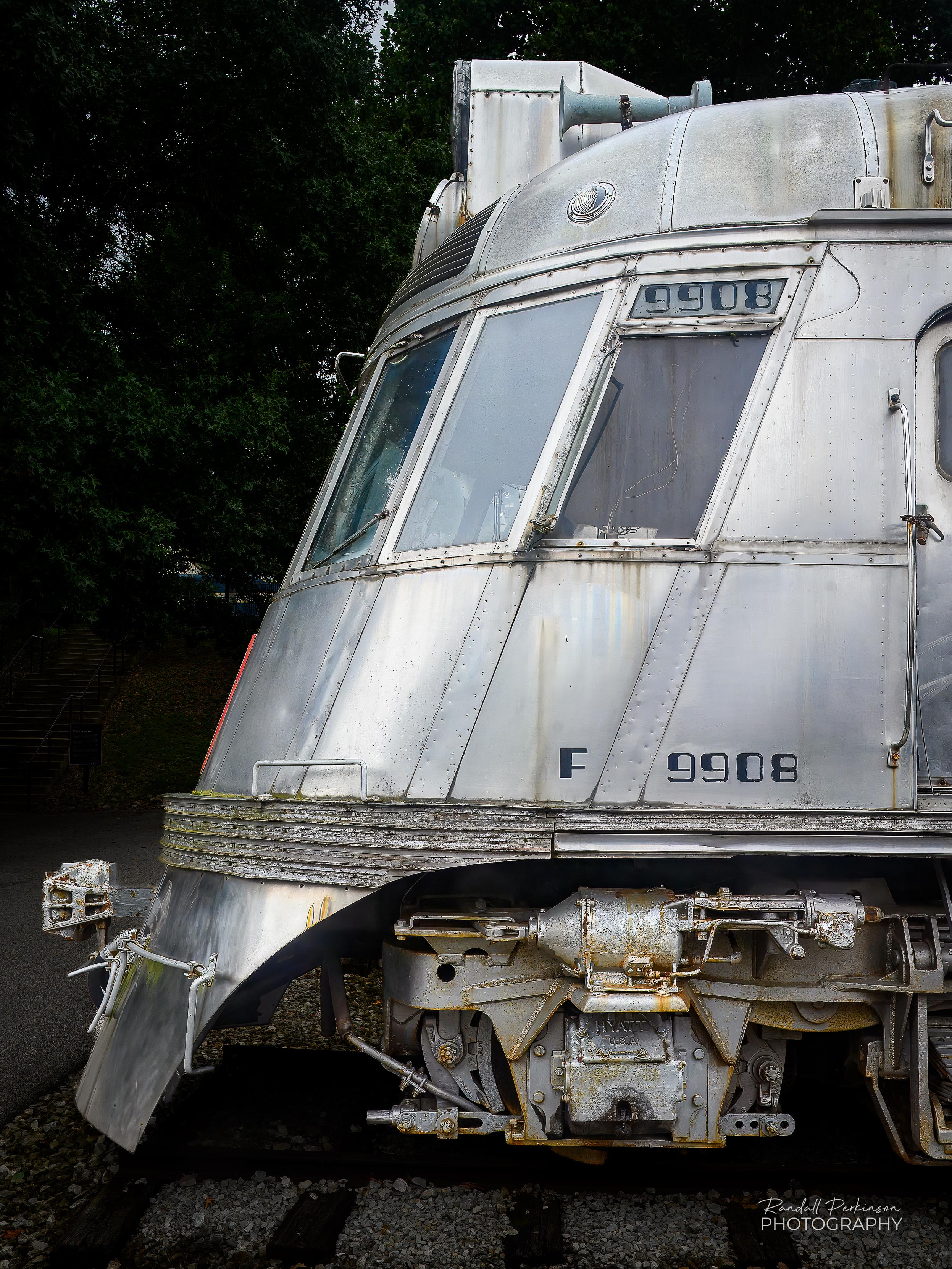 Side view of the front of the Silver Charger, built in 1939 by Budd Company. It has a distinctive stainless-steel "shovel-nose" styling.  It led the General Pershing Zephyr trainset in various services until it was retired in 1966.