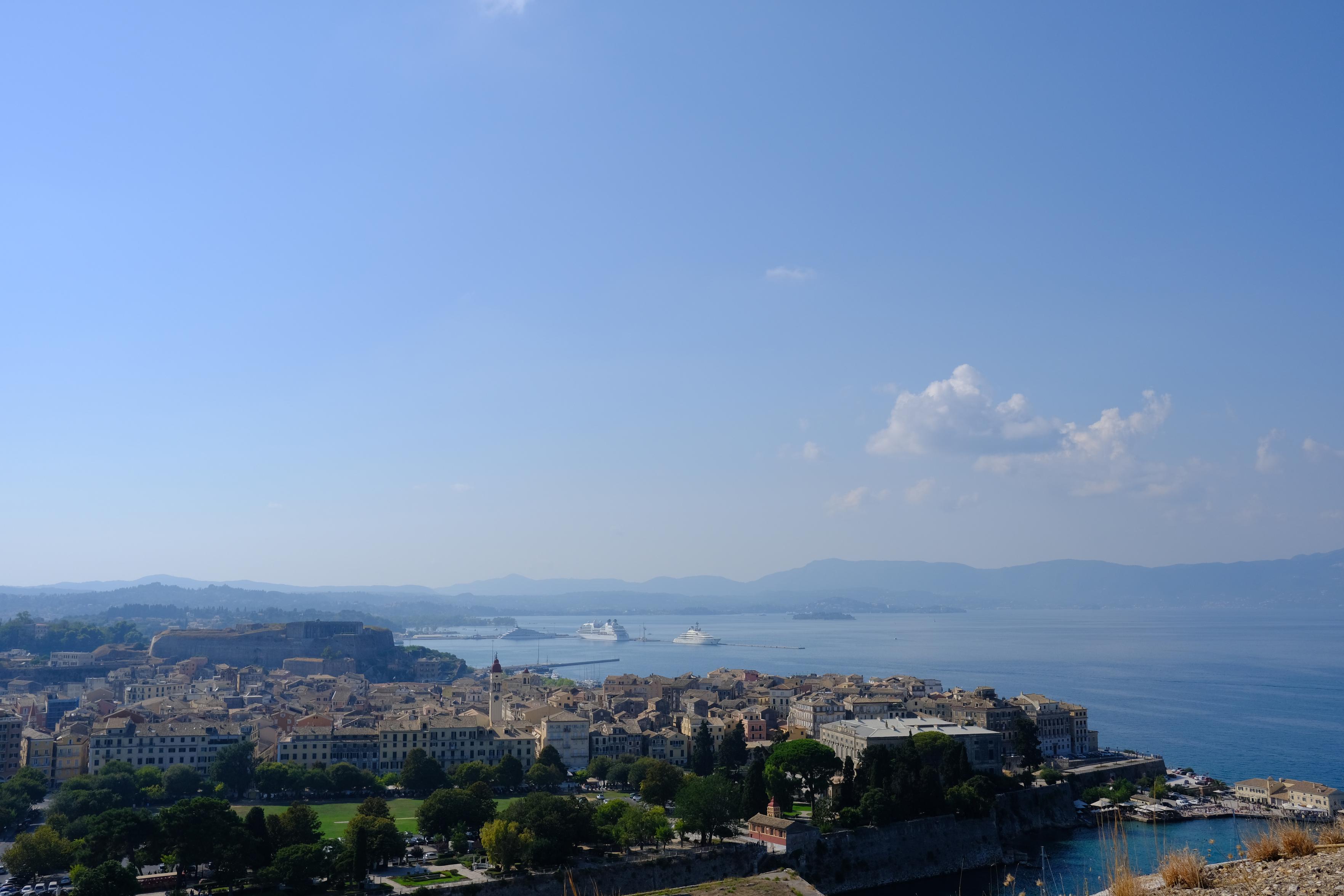 An overlooking view of the city of Corfu on a sunny day.