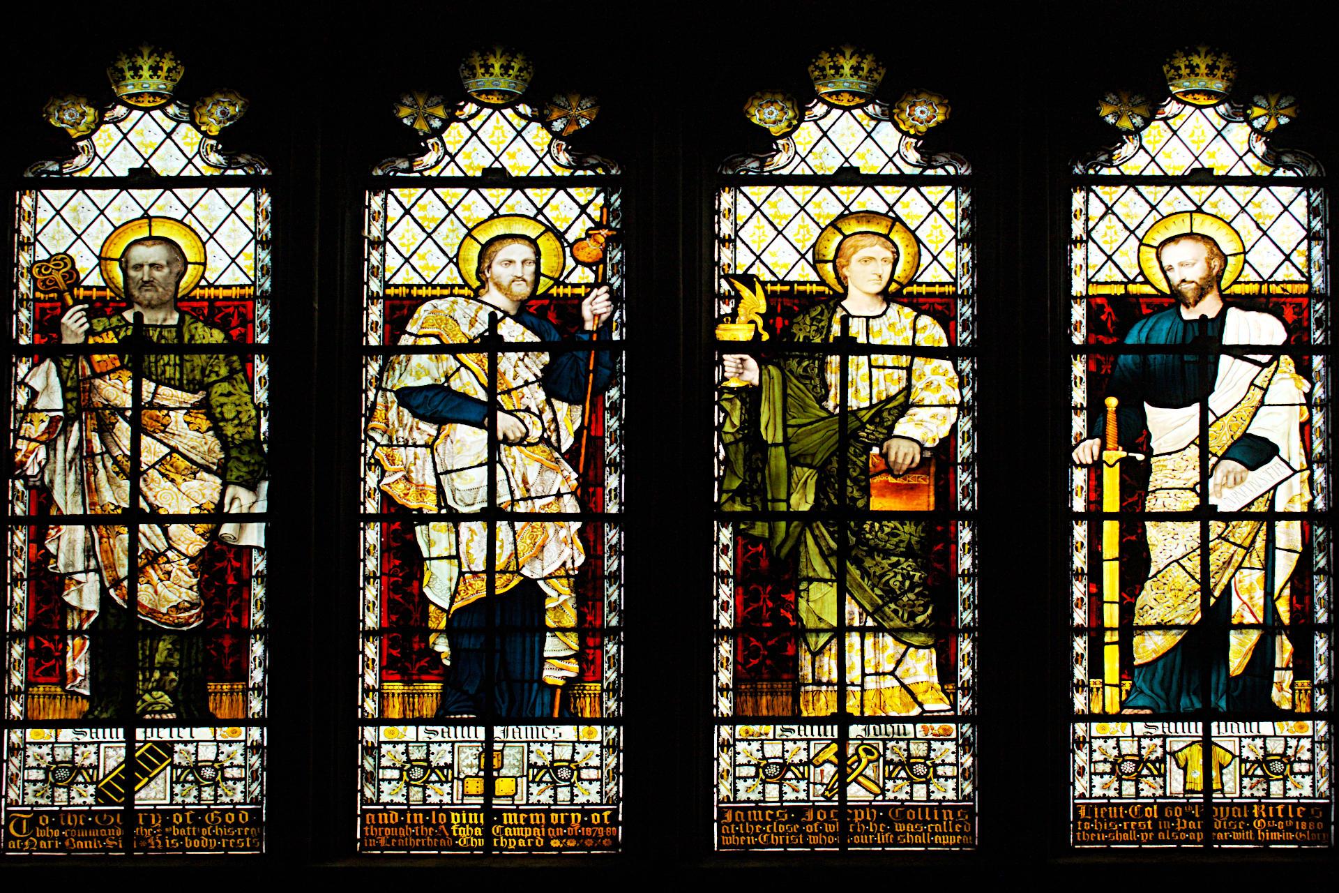 Memorial stained glass window at Winchester Cathedral depicting Saint Peter, Saint James, Saint John, and Saint Paul.

Dedicated to the memory of Lieutenant Colonel James Joseph Collins of the 60th Royal Rifles, who commanded the 2nd Battalion through the Afghan Campaign of 1879–1880 and passed away in October 1888.


Canon EOS 400D DIGITAL
ISO: 400
Shutter Speed: 1/200
Aperture: 11.0

Lens: 18.0 - 55.0 mm
Focal Length: 35.0 mm (35 mm equivalent: 56.6 mm)
Hyperfocal Distance: 6.00 m
Depth Of Field: 12.37 m (2.51 - 14.88 m)
Field Of View: 35.3 deg

GPS Position: 51° 3′ 38″ N, 1° 18′ 47″ W
Winchester Cathedral, Hampshire, UK.

2011:05:02 13:57:39
Copyright: © Matthew Malthouse 2011