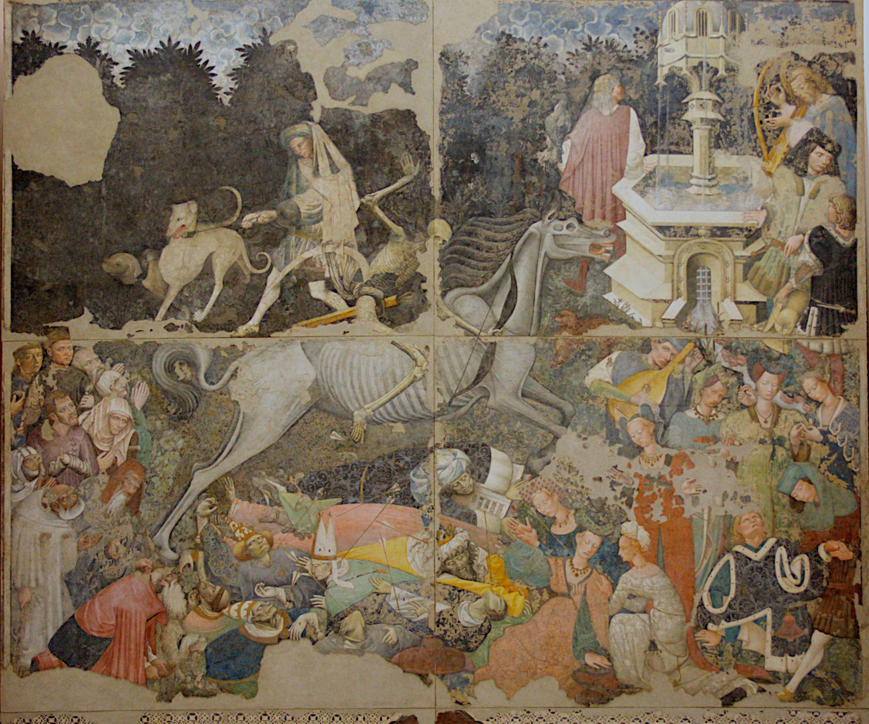 Trionfo della Morte — The Triumph of Death — (Palermo) created around 1440-5. Originally from the Palazzo Sclafanim now in the Regional Gallery of Palazzo Abatellis. Often attributed to The Burgundian artist Guillaume Spicre, also known as the Palazzo Sclafani Master, the artist remains uncertain. 

The fresco depicts a luxurious garden surrounded by a hedge. Death enters riding a skeletal horse, firing arrows from a bow. Death aims at characters belonging to all social levels, killing them. The horse occupies the centre of the scene, with its ribs visible and an emaciated head showing teeth and the tongue. Death has just released an arrow, which has hit a young man in the lower right corner; Death also wears a scythe at the side of the saddle, its typical attribute.

On the lower part are corpses of the people previously killed: emperors, popes, bishops, friars (both Franciscans and Dominicans), poets, knights and maidens. Each character is portrayed differently: some still have a gri