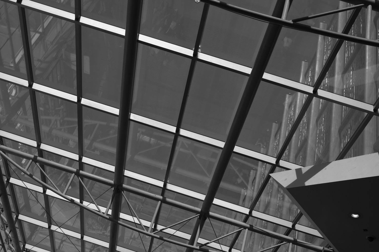 View of a modern architectural structure featuring a glass roof with a grid pattern and metallic supports, captured in black and white.