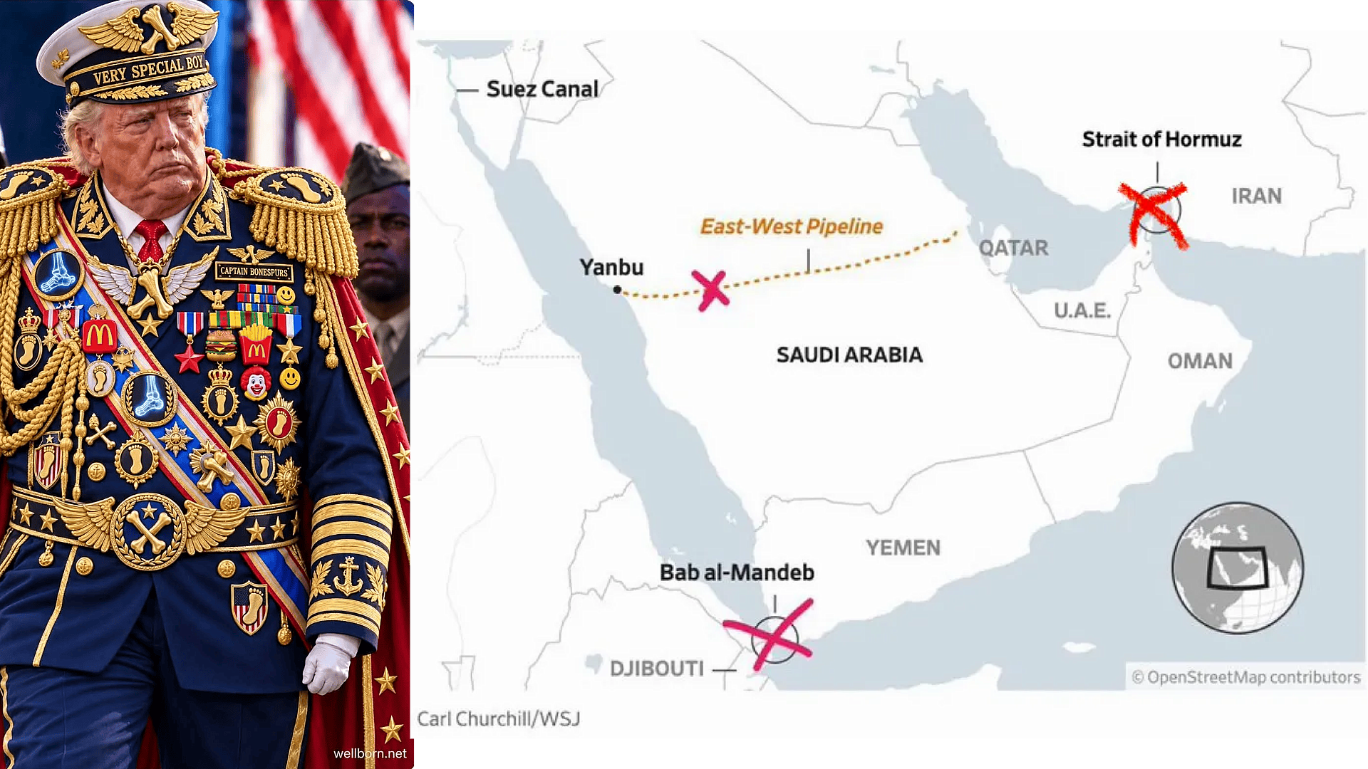 AI of Trump loaded down with ridiculous medals, next to a Middle East map showing not one, but three avenues for oil that have now been cut off.