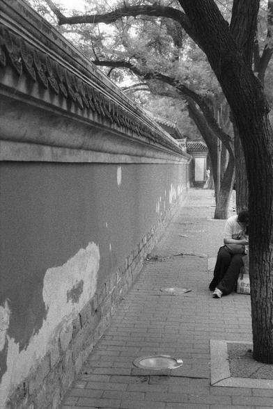 Ilford Delta 3200 (FF)

English
A black and white photograph of a sidewalk. It is along the wall of a traditional Chinese architecture. Some trees are planted on the right side of the photo with dense foliage. A person can be seen sitting against a tree.

中文
一张人行道的黑白照片.人行道沿着中国古建筑的外墙而走.照片的右边栽种了很多树,枝叶繁茂.一个人靠坐在一棵树上.