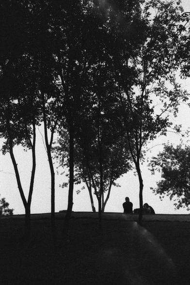 Ilford Delta 3200 (FF)

English
A black and white photograph. Two people can  be seen sitting under some trees planted on a tiny hillside. 

中文
一张黑白照片.两个人坐在一个小山丘边种的树下.