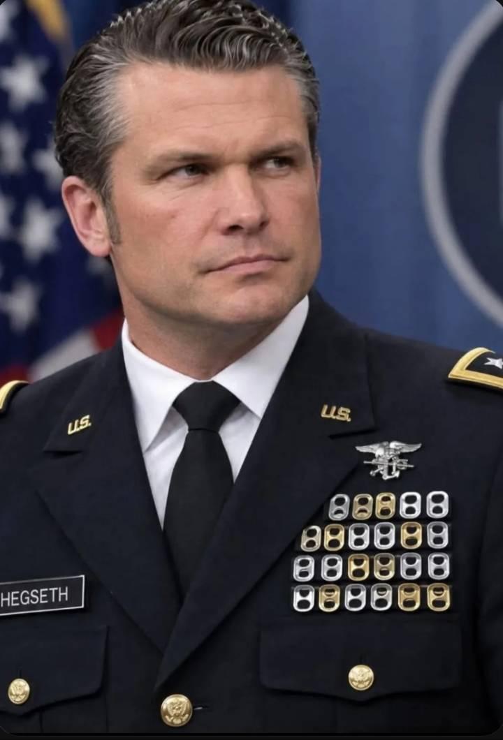 Pete Hegseth in formal military uniform displaying 4 rows of gold and silver colored beer poptop tabs where medals would be displayed.