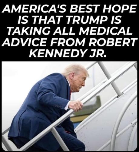 Image of Trump laboring up some stairs to his plane.
America’s best hope is that Trump is taking all medical advice from Robert Kennedy Jr.