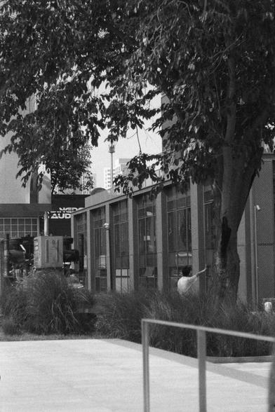 Ilford HP5 Plus 400 (FF)

English
A black and white photograph. A person is hailing a cab on the side of the road under a tree. There is a large architecture in front of the person.

中文
一张黑白照片.照片中一个人在树阴下招呼计程车.此人的前方是一栋大型的建筑.