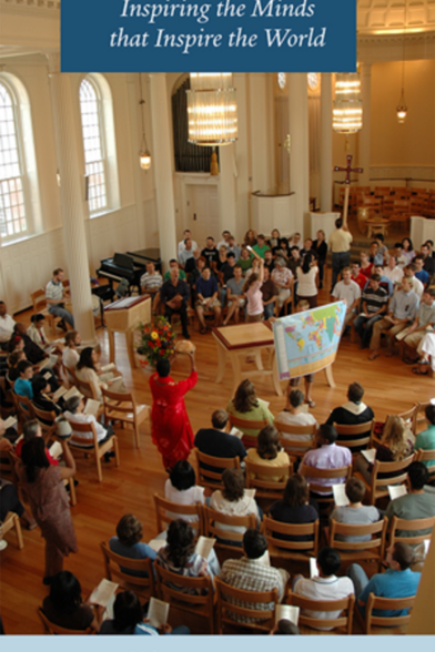 Cover to a brochure showing a worship ceremony in Marquand Chapel.