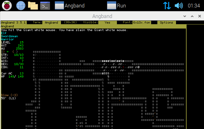 Top-down dungeon crawler where everything is made of ASCII characters, with a swarm of giant white mice (r character) attacking the player who has backed into a passageway connected to the room the mice are in