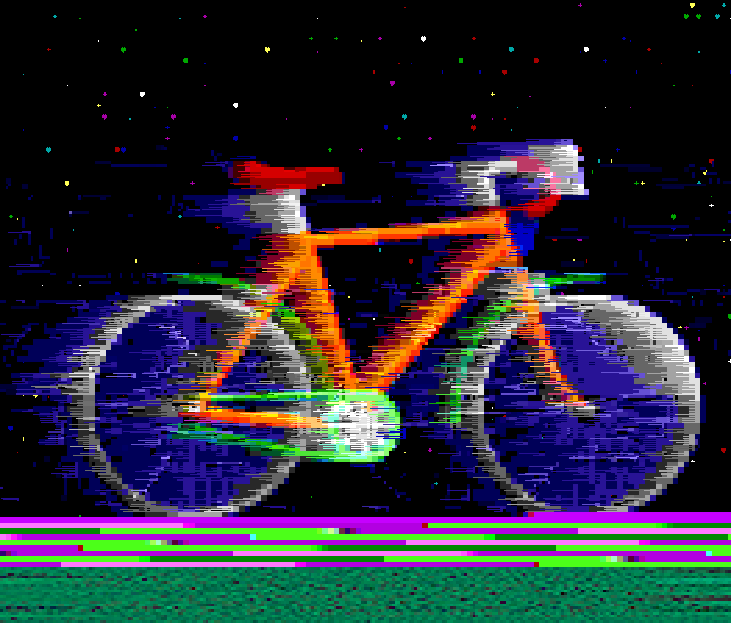 Speeding bike with no rider in front of a background of colored ASCII/ANSI stars and hearts