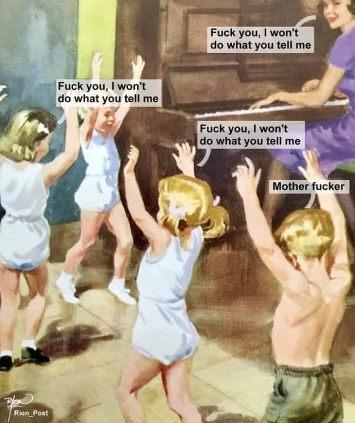 Vintage painting of a woman playing piano and kids dancing. They are all singing Rage against the machine's Killing in the name (Fuck you I wont do what you tell me).