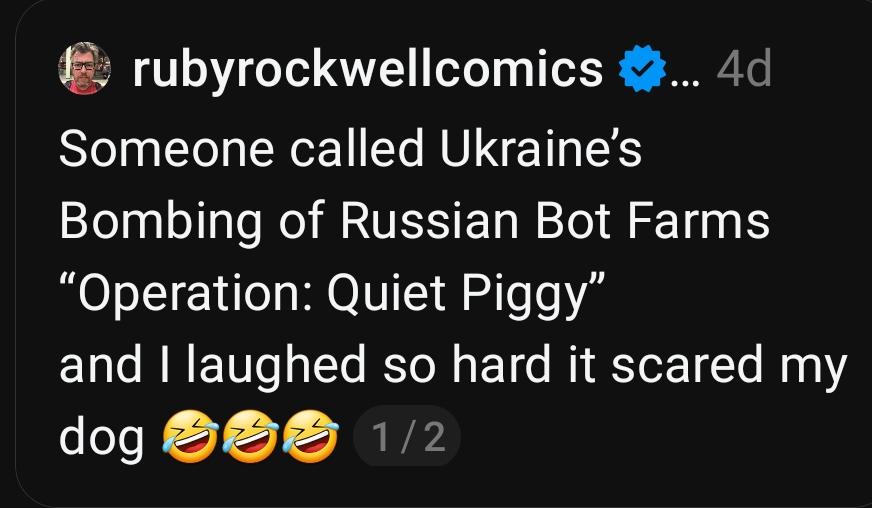 @rubyrockwellcomics
Someone called Ukraine's Bombing of Russian Boy Farms "Operation: Quiet Piggy" and I laughed so hard it scared my dog 🤣🤣🤣