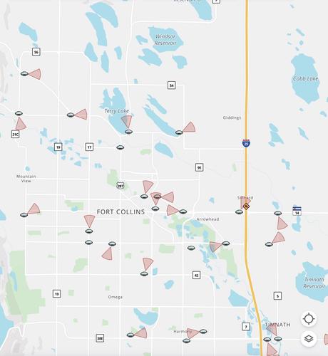 Screenshot from MapQuest showing license plate readers and surveillance cameras around Fort Collins, Colorado.