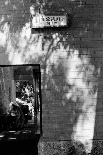 Lucky LUCKY SHD 400 (FF)

English
A black and white photograph of a brick wall with a sign of public toilet. A porch doorway is on the left through which some bicycles and tricycles can be seen. The shadows of trees are cast on the wall, creating strong contrast.

中文
一张砖墙的黑白照片.墙上有公共厕所的标志.左侧有一个门洞.透过它,可以看到三轮车和自行车.墙上有书的影子,对比强烈.