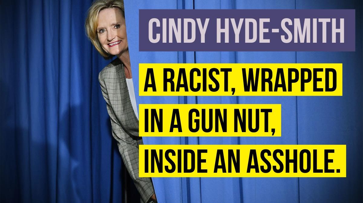 Cindy Hyde-Smith: A racist, wrapped in a gun nut, inside an asshole.